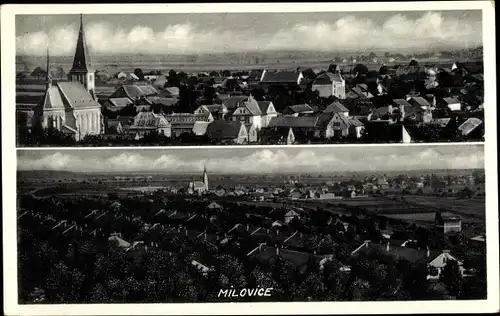 Ak Milovice nad Labem Milowitz Mittelböhmen, Teilansichten vom Ort, Kirche