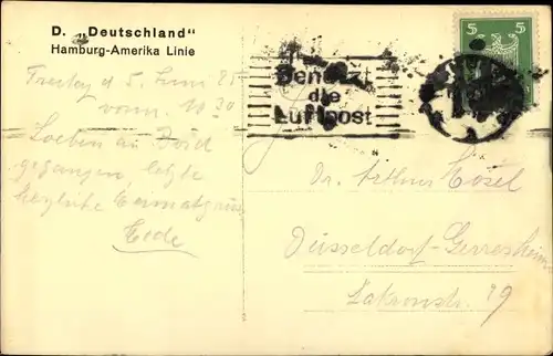 Ak Dampfschiff Deutschland, HAPAG, Ansicht Bug Backbord