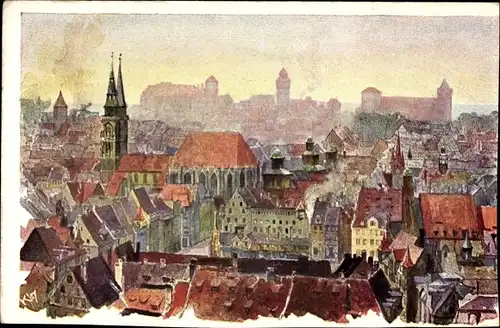 Künstler Ak Kley, Heinrich, Nürnberg, Blick zum Ort, Kirche, Burg