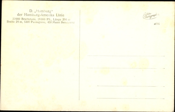 Ak Dampfer Hamburg der Hamburg Amerika Linie, HAPAG Nr. 2060388