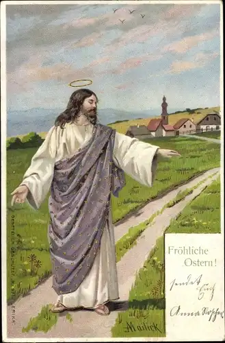 Künstler Litho Mailick, Glückwunsch Ostern, Jesus segnet ein Feld