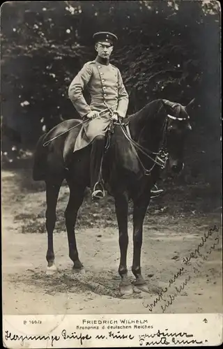 Ak Kronprinz Wilhelm von Preußen, Portrait auf einem Pferd