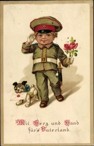 Ak Mit Herz und Hand für's Vaterland, Soldat, Rose, Hund