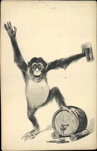 Künstler Ak Affe mit einem Bierfass, Bierglas