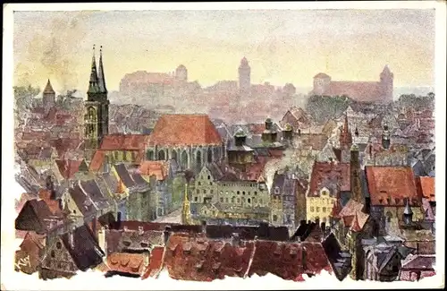 Künstler Ak Kley, Heinrich, Nürnberg, Blick zum Ort, Kirche, Burg