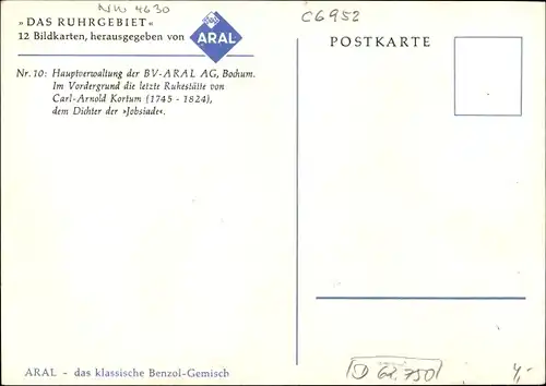 Künstler Ak Bochum im Ruhrgebiet, Aral Hauptverwaltung, Carl Arnold Kortum Ruhestätte, Karte Nr. 10