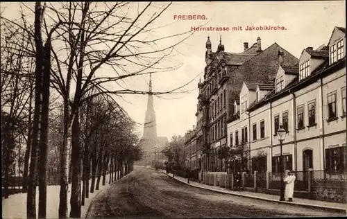 Ak Freiberg im Kreis Mittelsachsen, Hornstraße mit Jakobikirche, Häuser