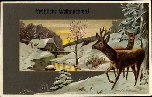 Präge Litho Glückwunsch Weihnachten, Winterlandschaft mit Fluss, Rehe, Haus