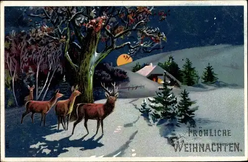 Präge Litho Glückwunsch Weihnachten, Rehe in einer Winterlandschaft, Mondschein, Haus