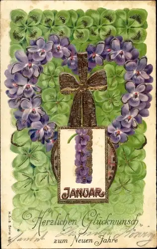 Präge Litho Glückwunsch Neujahr, Herz aus Veilchenblüten, Kleeblätter, Kalenderblatt 1 Januar