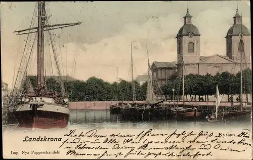 Ak Landskrona Schweden, Kyrkan, Kirche, Hafenszene