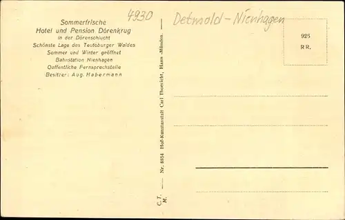 Ak Nienhagen Detmold in Nordrhein Westfalen, Dörenschlucht, Dörenkrug von Aug. Habermann