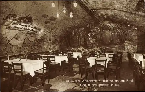 Ak Rüdesheim am Rhein, Gasthaus zum Felsenkeller, Weinschenke, Gebr. Rölz, Großer Keller, Wandbild