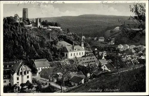 Ak Stromberg im Hunsrück, Kirche und Burgruine, Wohnhäuser