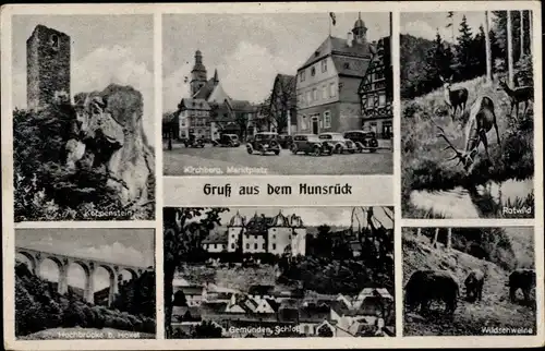 Ak Kirchberg im Hunsrück, Marktplatz, Gemünden Schloss, Koppenstein, Brücke Hoxel, Rotwild, Schweine