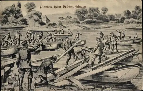 Künstler Ak Row, Fr., Pioniere beim Brückenschlagen, deutsche Soldaten in Uniformen, I. WK