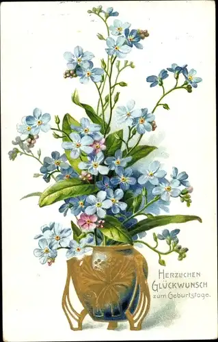 Präge Litho Glückwunsch Geburtstag, Vergissmeinnichtblüten in einer Blumenvase