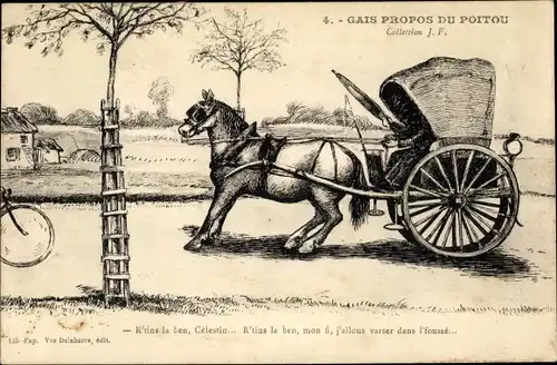 Künstler Ak Gais Propos du Poitou, Kutsche auf einer Straße, störrisches Pferd