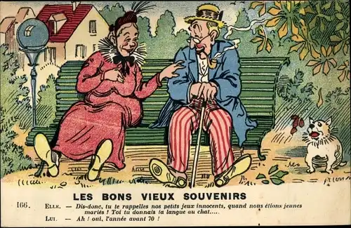 Künstler Ak Les bons vieux souvenirs, Mann mit Pfeife und Frau auf einer Bank sitzend