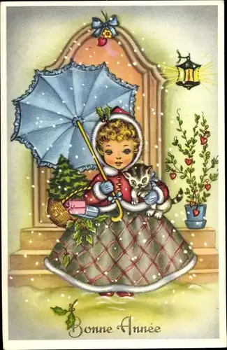 Ak Glückwunsch Neujahr, Mädchen mit Katze im Arm und Regenschirm, Tannenbaum