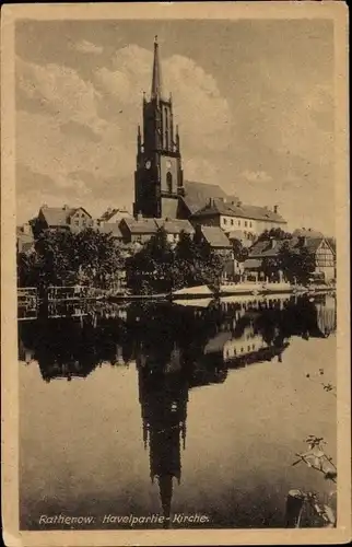 Ak Rathenow im Havelland, Havelpartie, Blick auf die Kirche