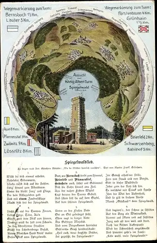 Ak Grünhain Beierfeld im Erzgebirge, Panoramablick vom König Albert Turm, Spiegelwaldlied