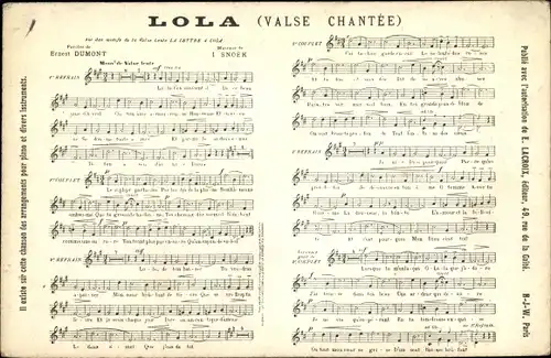 Lied Ak Lola, Valse Chantee, Paroles de Ernest Dumont, Musique de I. Snoek