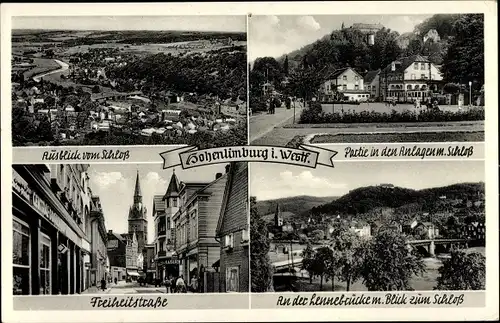 Ak Hohenlimburg Hagen Ruhrgebiet, Ausblick v. Schloss, Freiheitsstraße, Lennebrücke, Anlagenpartie