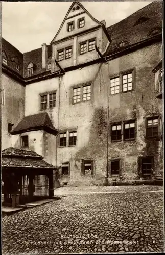 Ak Rochsburg Lunzenau in Sachsen, Schlosshof mit Ziehbrunnen und Wasserspieler