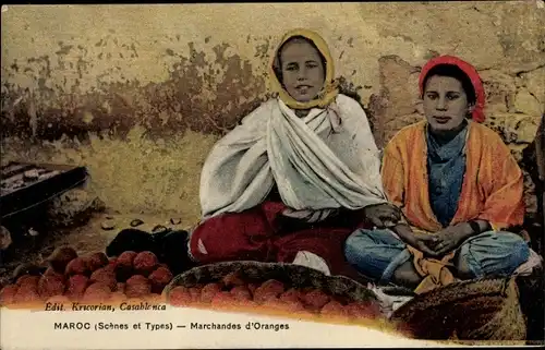 Ak Marokko, Scenes et Types, Marchandes d'Oranges, Orangenhändlerinnen, Maghreb