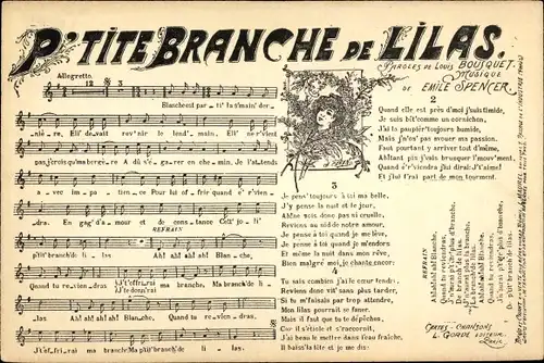 Lied Ak P'tite Brance de Lilas, Paroles de Louis Bousquet, Musique de Emile Spencer