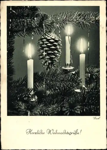 Ak Glückwunsch Weihnachten, Brennende Kerzen und Tannenzapfen, Fotoverlag Groh Nr. 2181