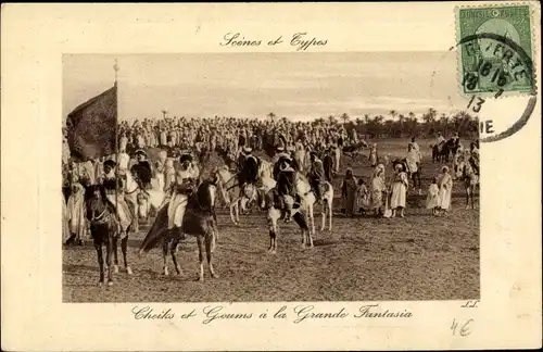 Ak Scenes et Types, Cheiks et Goums à la Grande Fantasia, Araber auf Pferden, Maghreb