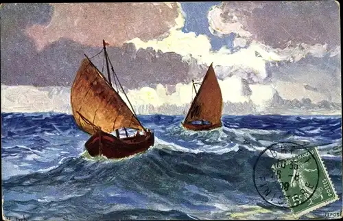 Künstler Ak Zwei Segelboote auf dem Meer, Sturm, Wolken, Wellen, BKWI 871 4