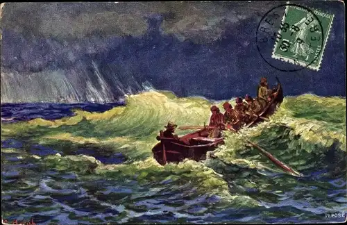 Künstler Ak Ruderboot im Sturm auf dem Meer, BKWI 871 5