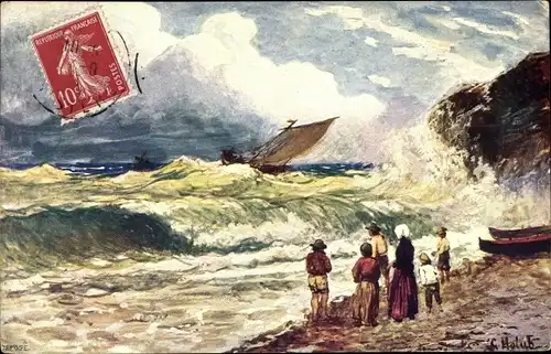 Künstler Ak Personen betrachten ein Segelboot auf dem Meer im Sturm, BKWI 871 2