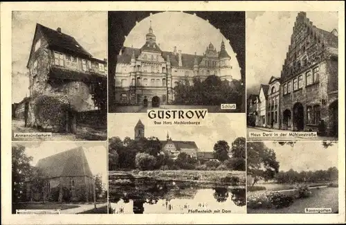 Ak Güstrow in Mecklenburg Vorpommern, Armensünderturm, Schloss, Kirche, Pfaffenteich, Dom, Haus Derz