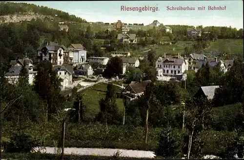 Ak Szklarska Poręba Schreiberhau Riesengebirge Schlesien, Teilansicht mit Bahnhof