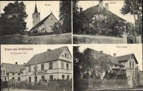 Ak Budzów Schönwalde Schlesien, Kirche, Schloss, Villa Langer, St. Franziska Stift