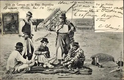 Ak Argentinien, Por las Pilchas, Männer in traditioneller Kleidung, Kartenspieler 