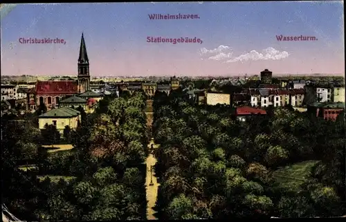 Ak Wilhelmshaven in Niedersachsen, Christuskirche, Stationsgebäude, Wasserturm