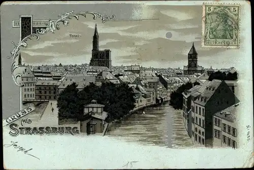 Mondschein Litho Strasbourg Straßburg Elsass Bas Rhin, Münster, Totalansicht von der Stadt