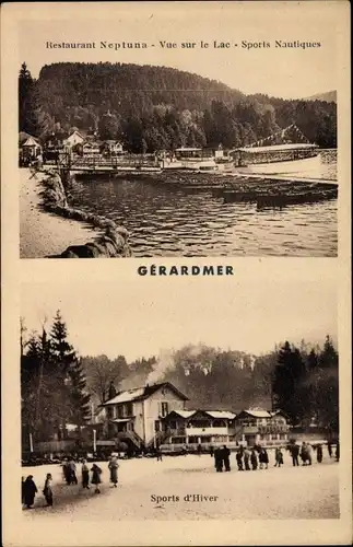 Ak Gérardmer Lothringen Vosges, Restaurant Neptuna, le Lac, Sports nautiques, Sports d'hiver