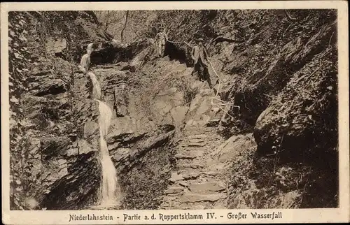 Ak Niederlahnstein Lahnstein im Rhein Lahn Kreis, Ruppertsklamm, großer Wasserfall