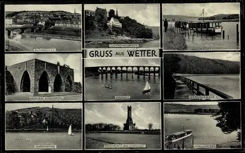 Ak Wetter an der Ruhr, Ruhrbrücke, Jugendherberge, Motorboot, Kriegerdenkmal, Viadukt, Harkortsee