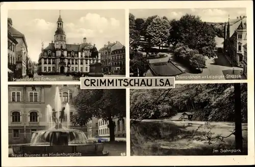 Ak Crimmitschau in Sachsen, Marktplatz, Rathaus, Bismarckhain, Leipziger Straße, Hindenburgplatz