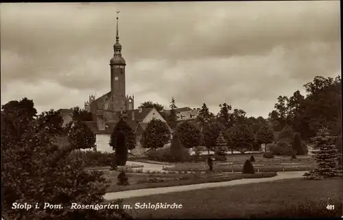 Ak Słupsk Stolp Pommern, Rosengarten und Schlosskirche