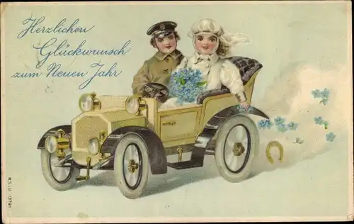 Präge Ak Glückwunsch Neujahr, Auto, Hufeisen, Vergissmeinnicht