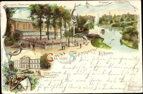 Litho Essen im Ruhrgebiet, Stadtgarten, Restaurant, Terrasse, Wappen 