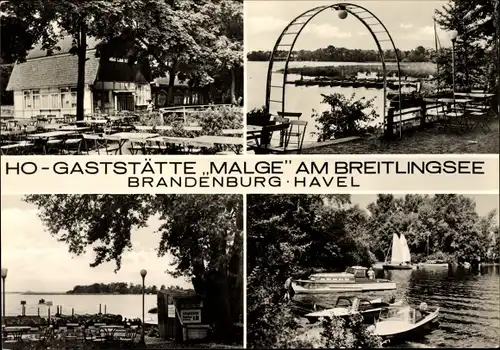 Ak Brandenburg an der Havel, Gaststätte Malge am Breitlingsee, Außenansichten, Seepartie, Panorama